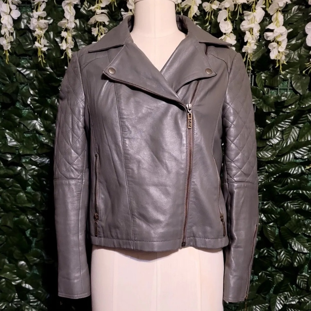 BIBA Women's Leather Jacket Zipper Light Taupe/Gray Size Medium Lining Black